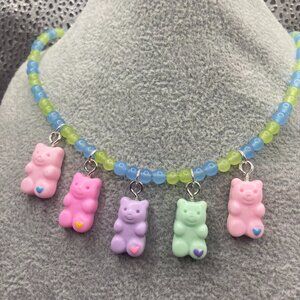 Handmade Pastel and Blue Green Glass Gummy Bear Necklace
